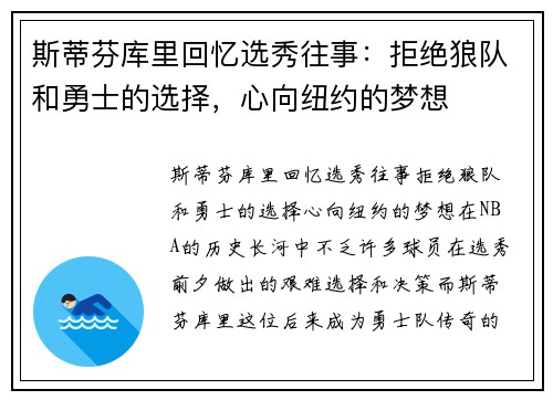 斯蒂芬库里回忆选秀往事：拒绝狼队和勇士的选择，心向纽约的梦想