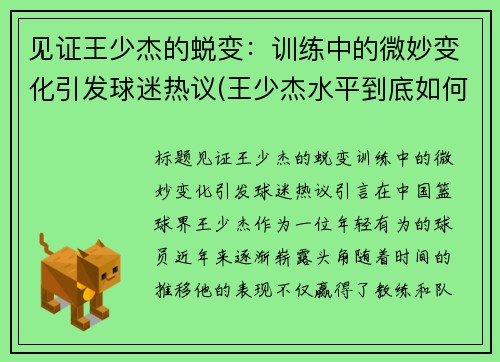 见证王少杰的蜕变：训练中的微妙变化引发球迷热议(王少杰水平到底如何)