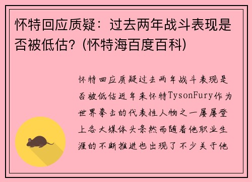 怀特回应质疑：过去两年战斗表现是否被低估？(怀特海百度百科)