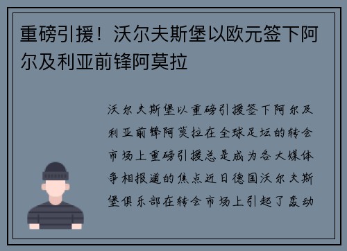 重磅引援！沃尔夫斯堡以欧元签下阿尔及利亚前锋阿莫拉